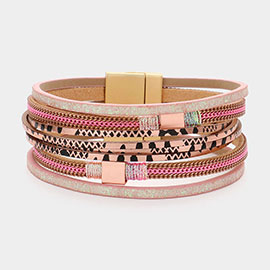 Square Metal Pointed Faux Leather Magnetic Bracelet