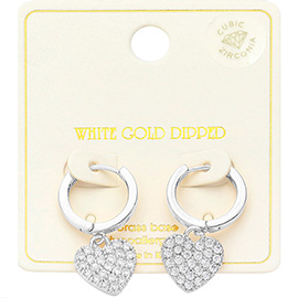 White Gold Dipped CZ Stone Paved Radiant Heart Swing Dangle Huggie Earrings