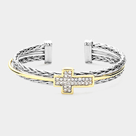 Stone Paved Cross Accented Cuff Bracelet