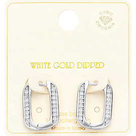 White Gold Dipped CZ Stone Paved Squircle Hoop Earrings