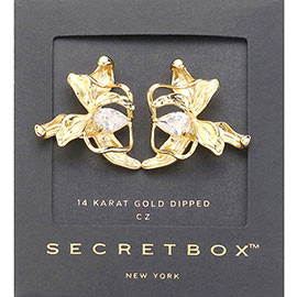 SECRET BOX_14K Gold Dipped Teardrop Stone Pointed Textured Metal Flower Earrings