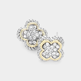 14K Gold Plated Stone Paved Two Tone Quatrefoil Stud Earrings