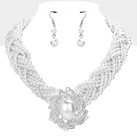 Oval Pearl Pendant Braided Statement Necklace