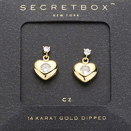 SECRET BOX_14K Gold Dipped CZ Stone Pointed Heart Dangle Earrings