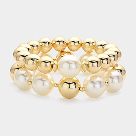 2PCS - Pearl Pointed Metal Ball Stretch Multi Layered Bracelets