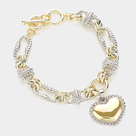 14K Gold Plated Heart Charm Texture Metal Link Toggle Bracelet