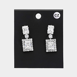 CZ Emerald Cut Stone Pointed Evening Dangle Earrings