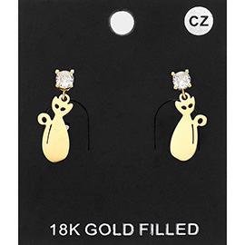 18K Gold Filled CZ Stone Pointed Cat Plate Dangle Earrings