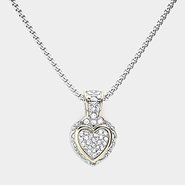 14K Gold Plated Two Tone Stone Paved Heart Pendant Necklace
