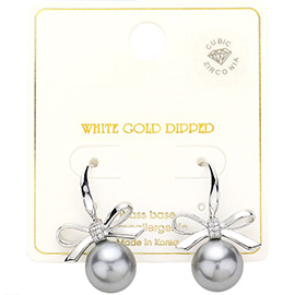 White Gold Dipped CZ Stone Paved Ribbon Pearl Drop Earrings