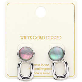 White Gold Dipped Square Drop Abalone Button Earrings