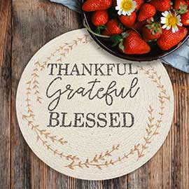 Thankful Grateful Blessed Message Printed Nautical Braided Round Potholder Trivet Placemat