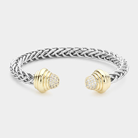 14K Gold Plated CZ Stone Paved Tip Braided Two Tone Cuff Bracelet