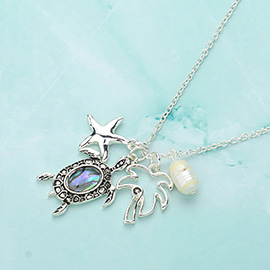 Antique Silver Abalone Sea Turtle Charm Pointed Starfish Palm Tree Pearl Pendant Necklace