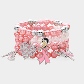 4PCS - Enamel Pink Ribbon Afro Woman High Heel Wing Heart Charm Pearl Beaded Stretch Multi Layered Bracelets
