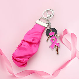 Pink Ribbon Afro Woman Charm Wristlet Keychain / Stretch Bracelet