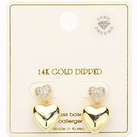 14K Gold Dipped CZ Stone Paved Double Heart Dangle Earrings