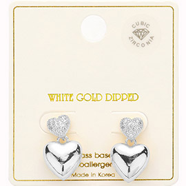 White Gold Dipped CZ Stone Paved Double Heart Dangle Earrings