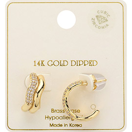 14K Gold Dipped CZ Stone Paved Wavy Hoop Earrings