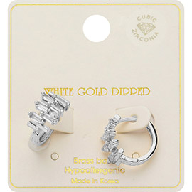 White Gold Dipped Disorganize CZ Stone Embellished Huggie Hoop Earrings