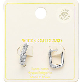 White Gold Dipped Fine CZ Stone Paved Rectangle Huggie Hoop Earrings