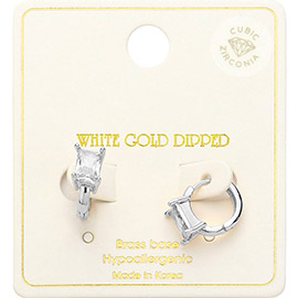 White Gold Dipped CZ Stone Cluster Pointed Rectangle Huggie Hoop Earrings