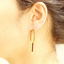 14K Gold Dipped CZ Stone Paved Long Oval Link Earrings