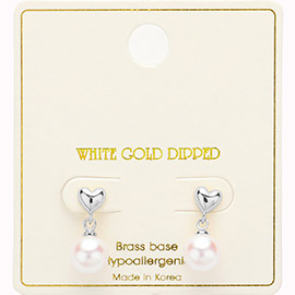 White Gold Dipped Heart Top Pearl Dangle Earrings