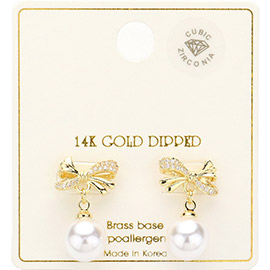 14K Gold Dipped CZ Stone Paved Bow Pearl Dangle Earrings