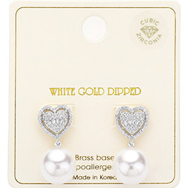White Gold Dipped Crystal CZ Stone Paved Heart Top Pearl Dangle Earrings