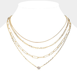 CZ Stone Bezel Pointed Multi Chain Layered Necklace