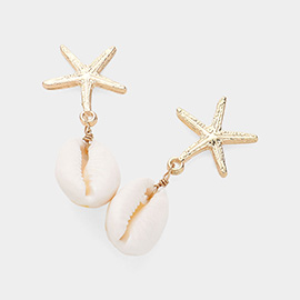 Metal Starfish Pointed Puka Shell Dangle Earrings