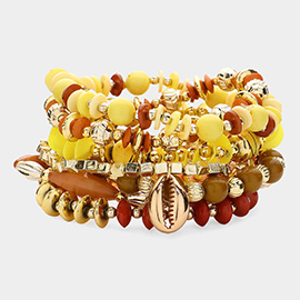 8PCS - Metal Tree Of Life Dolphin Puka Shell Charm Pointed Various Beads Beaded Stretch Multi Layered Bracelets