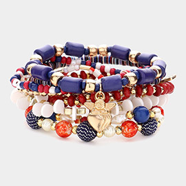 9PCS - Shell Metal Evil Eye Heart Charm Pointed Various Beads Beaded Stretch Multi Layered Bracelet
