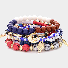 9PCS - Metal Owl Crescent Leaf Lock Charm Pointed Various Beads Beaded Stretch Multi Layered Bracelet