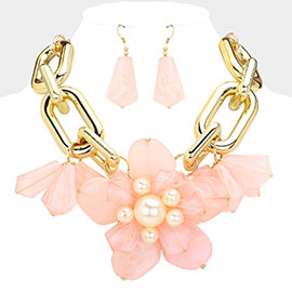 Pearl Pointed Lucite Flower Chunky Chain Statement Necklace