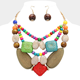 Oversized Ethnic Ornament Wooden Beaded Layered Statement Necklace