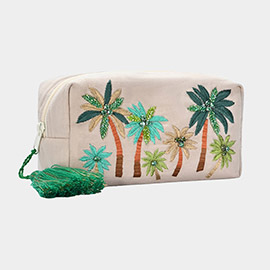 Stone Cluster Pointed Palm Tree Embroidered Portable Pouch Bag