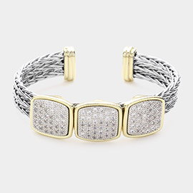 14K Gold Plated CZ Stone Paved Triple Square Pointed Braided Metal Cuff Bracelet