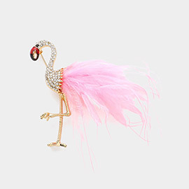 Stone Paved Feather Tip Flamingo Pin Brooch