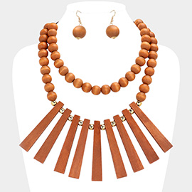 Geometric Wood Bar Beaded Double Layered Necklace