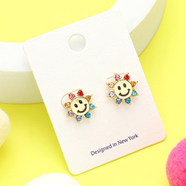 Enamel Smile Face Flower Stud Earrings