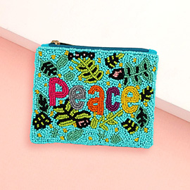 PEACE Message Leaf Pattern Seed Beaded Mini Pouch Bag