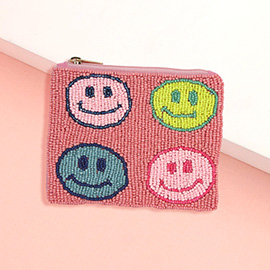 Smile Face Printed Seed Beaded Mini Pouch Bag