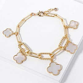 Gold Dipped Mother Of Pearl Quatrefoil Charm Station Chain Bracelet