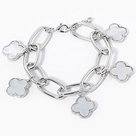 White Gold Dipped Mother Of Pearl Quatrefoil Charm Station Chunky Chain Bracelet
