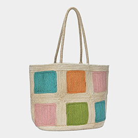 Color Blocked Tassel Pointed Jute Tote Bag