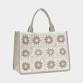 Flower Pattern Crochet Front Tote Bag