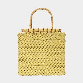 Bamboo Handle Wooden Ball Embroidered Crochet Tote Bag