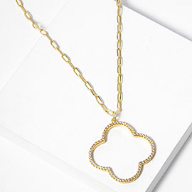 Gold Dipped CZ Stone Paved Open Quatrefoil Pendant Necklace